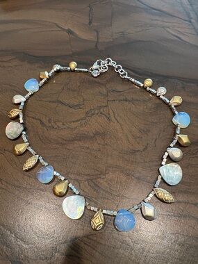 Delicate Blue Opal & Mixed Metal Charm Necklace - Women Jewelry